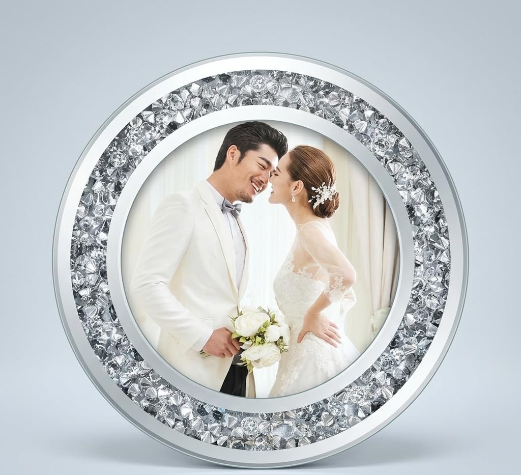 5x7 Round Sparkling Silver Crushed Diamond Picture Frame – Crystal Photo Frame with White Border & Back Stand | Luxury Tabletop Photo Decor for Home & Office