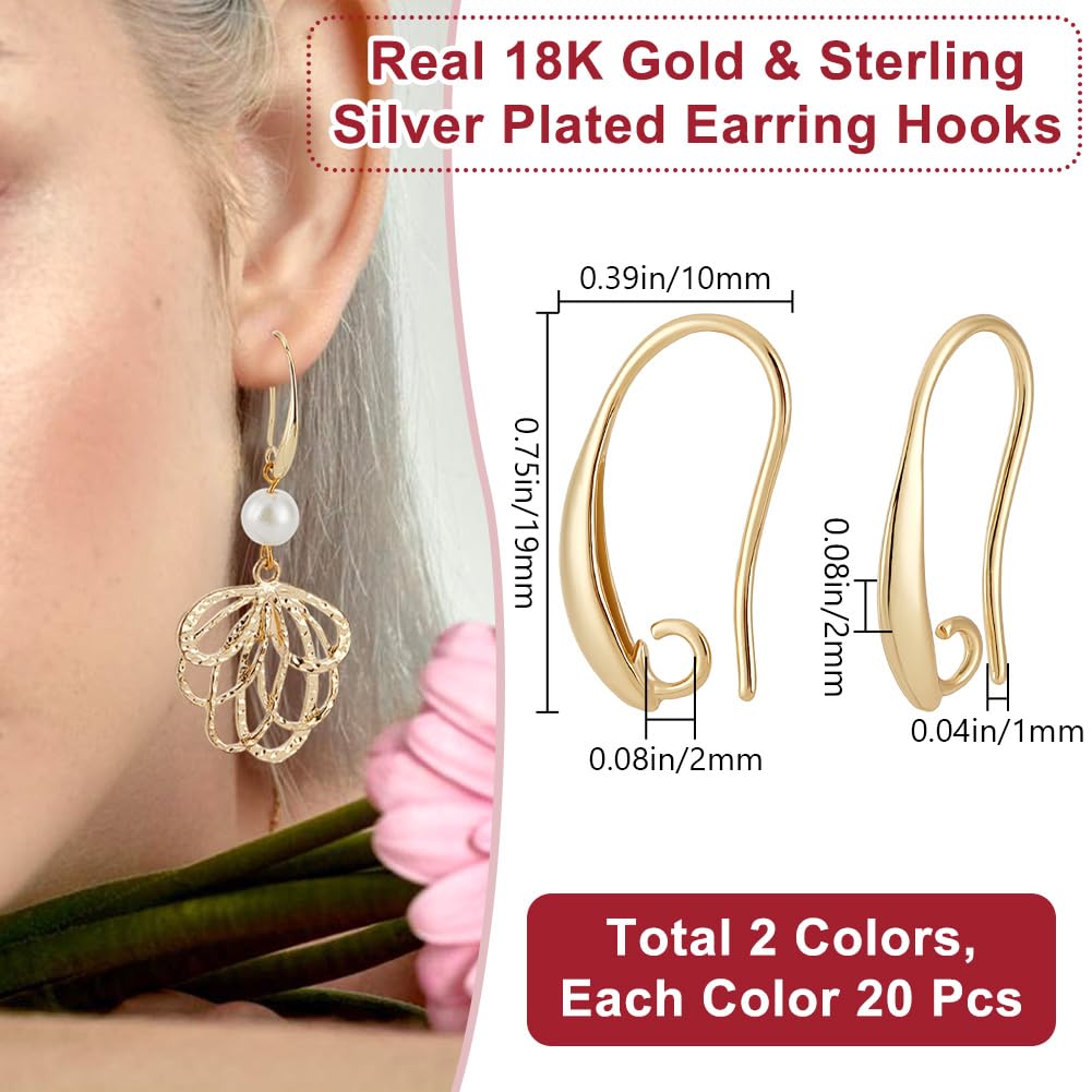 Beebeecraft 20 Paia Ganci Orecchini Francesi Ottone Placcato Oro 18K 925 Argento Sterling Anelli 2mm Accessori Creazione Gioielli