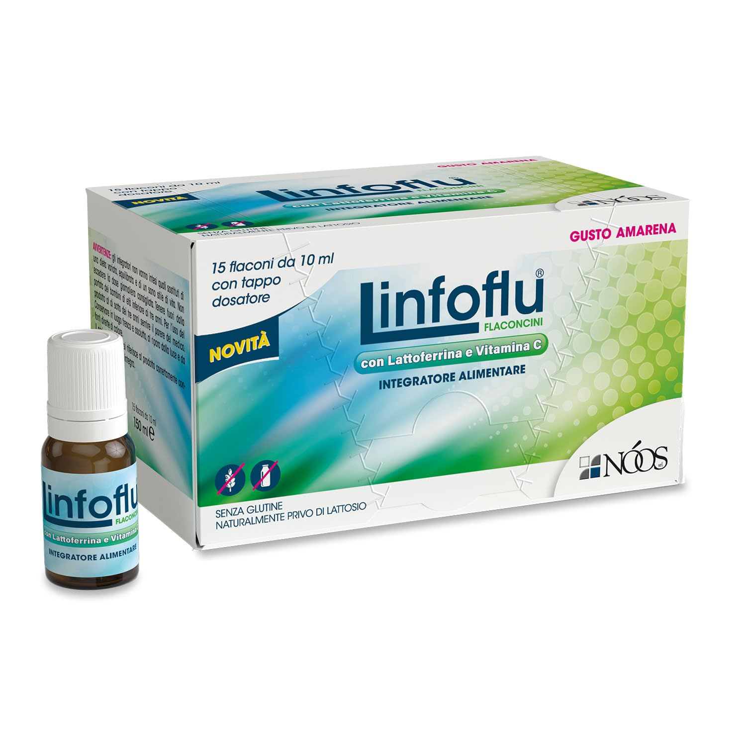 Nóos Linfoflu® Integratore Difese Immunitarie 15 Flaconcini da 10ml con Lattoferrina, Resveratrolo, Vitamina C e Zinco Integratore per Adulti e Bambini Riduce Stanchezza e Affaticamento Gusto Amarena