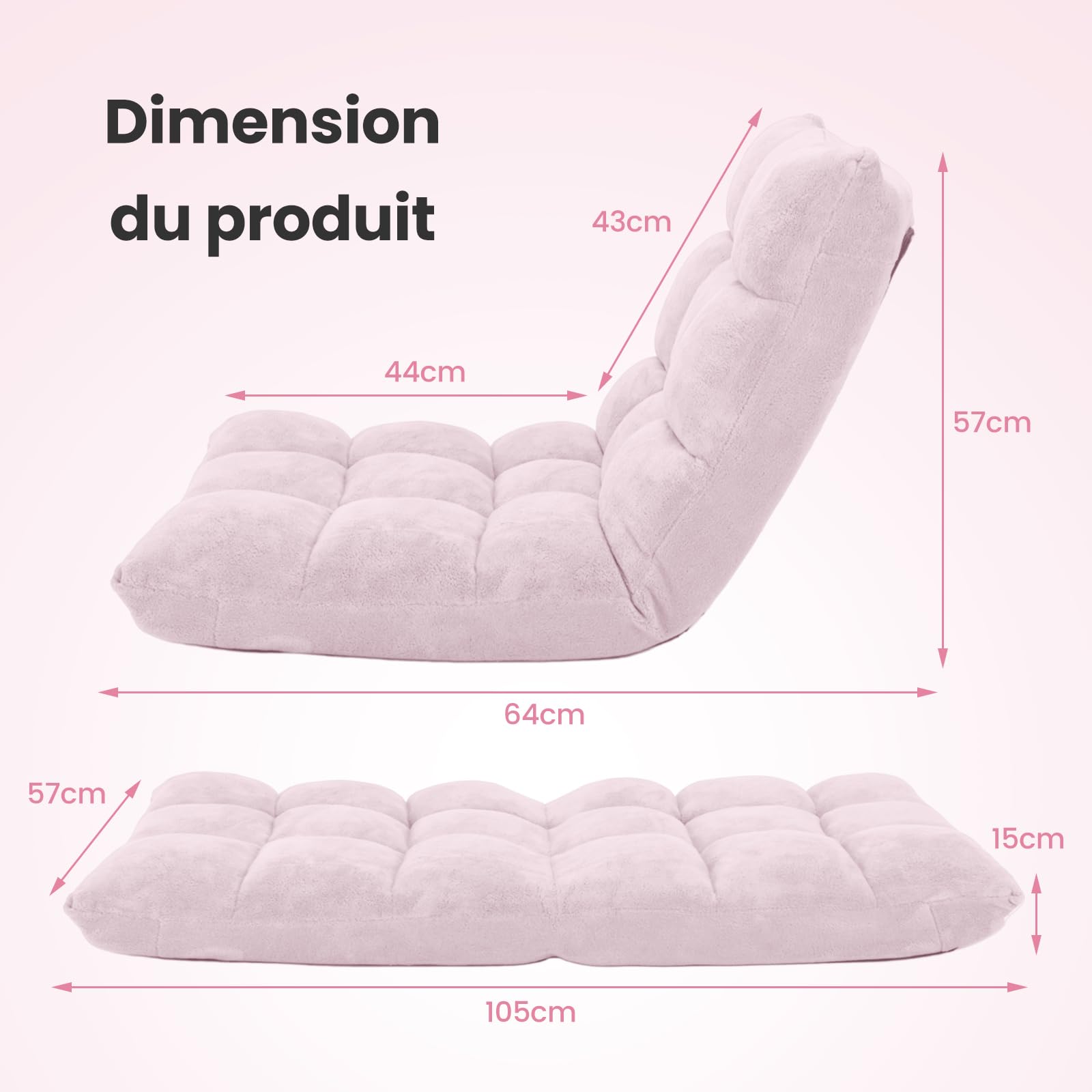 COSTWAY Canapé Paresseux Chaise de Sol, Fauteuil Convertible en Polaire Corail Dossier Réglable 14 Positions, Chaise de Méditation/Jeux Vidéo, pour Coin Lecture, Salon, Enfant/Adulte, Rose Clair