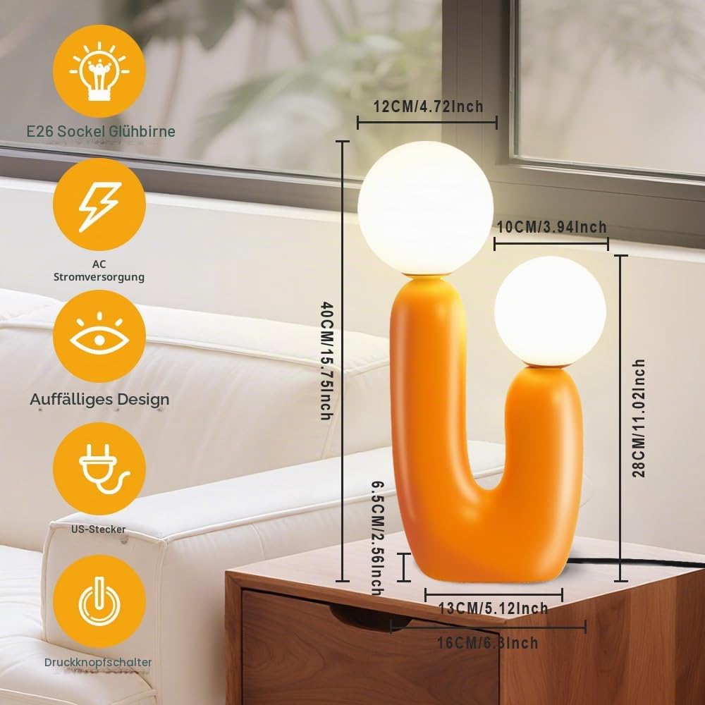 LED Tischlampe Niedliche Kaktus Nachttischlampe,Moderne Deko Pilz Lampe für das Schlafzimmer,Orange Harz Schreibtischlampe mit 2 Kugel Lampenschirmen,lustige Geschenke für Kinder und Familie,G9-Sockel