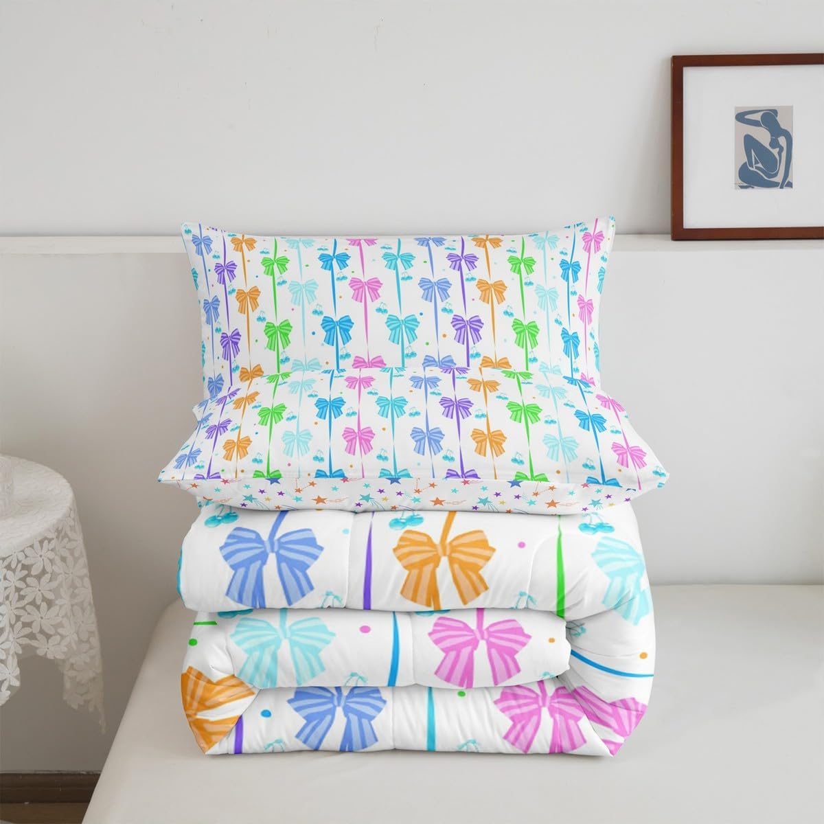 Feelyou Rainbow Bowknot Comforter Set Cute Bow Tie Twin Size Bedding Set for Kids Princess Girls Aesthetic Coquette Duvet Quilt