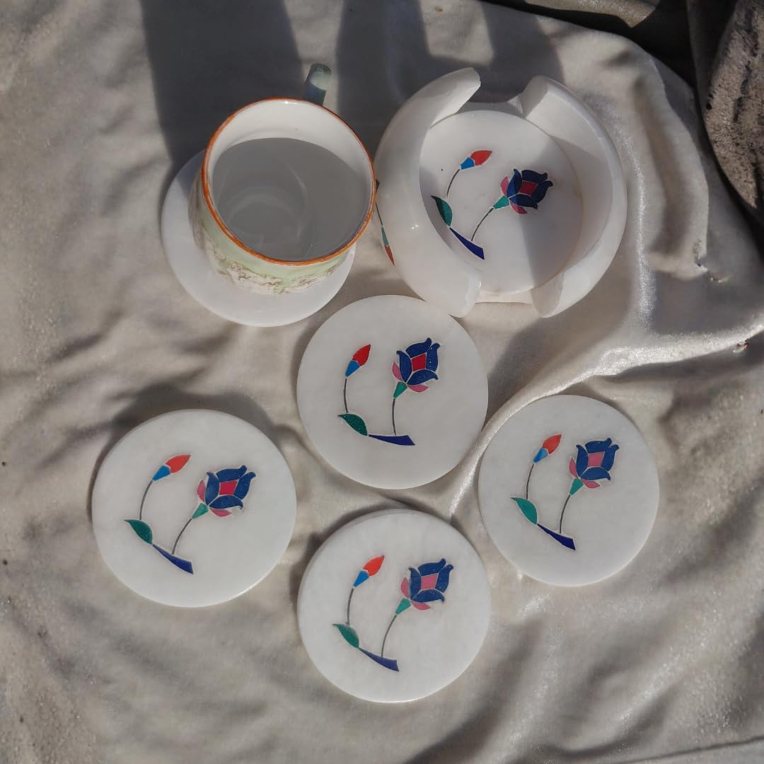 White Marble Coaster Set with Floral Inlay, Round, 4x4 Inch, Handcrafted Stone Tea Coffee Table Decor