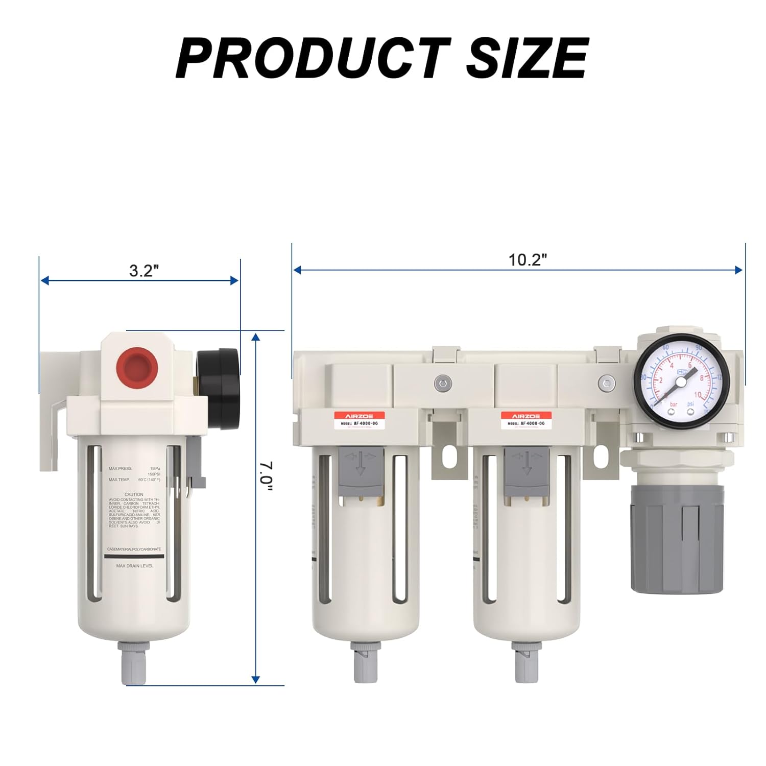 AIRZOE 3/4" NPT Air Dryer for Compressor-Air Compressor Water Separator AC4110-06,Double Air Compressor Filter,Air Pressure Regulator Combo,5 Micron Brass Element,Semi-Auto Drain,0-145 psi Gauge