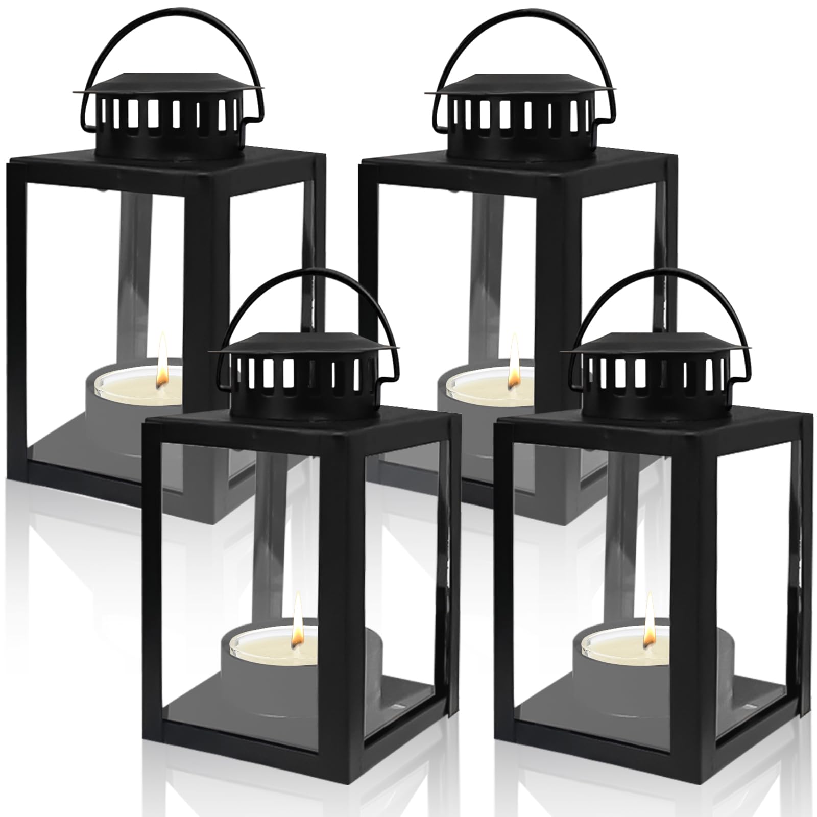4 lanterne per esterni, 6 x 10,1 cm, lanterne per candele, lanterne da giardino, lanterne da giardino per portacandele, piccola lanterna in metallo per tavolo da caffè, caminetto (nero)
