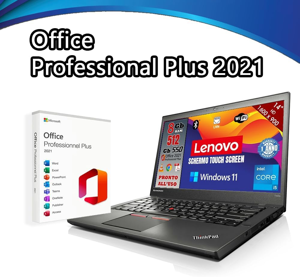 Lenovo, Pc portatile Intel Core i5, Notebook Con Display TOUCHSCREEN HD da 14, Ram 8Gb, SSD 512Gb, Win 11 pro, Pacchetto Office 2021, Garanzia Italiana (Ricondizionato) MOUSE + PENDRIVE 32gb