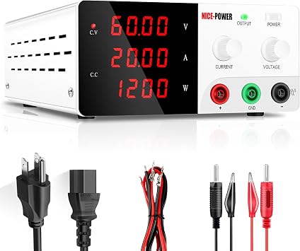 NICE-POWER DC Power Supply Variable, 0-60V 0-20A 1200W High Power Bench Power Supply with Encoder Knob & Output Switch, Benchtop Adjustable Switching Regulated Power Supplies for Repair/TestWhite