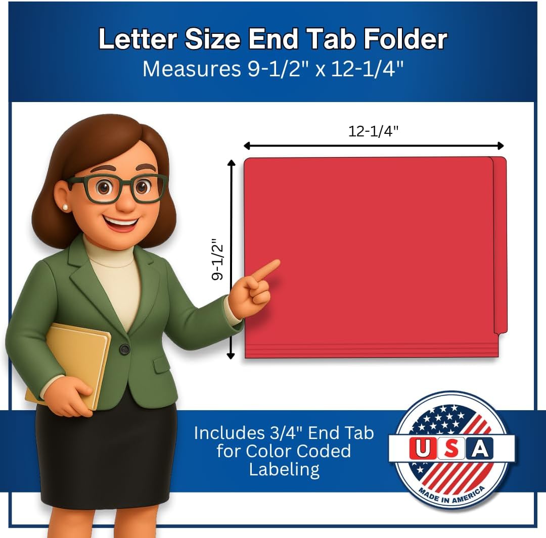 Red File Folders, Doctor Stuff, Letter Size Reinforced End Tab Folder with 2" Bonded Fastener on Inside Front and Back, 14 pt Stock, Box of 50