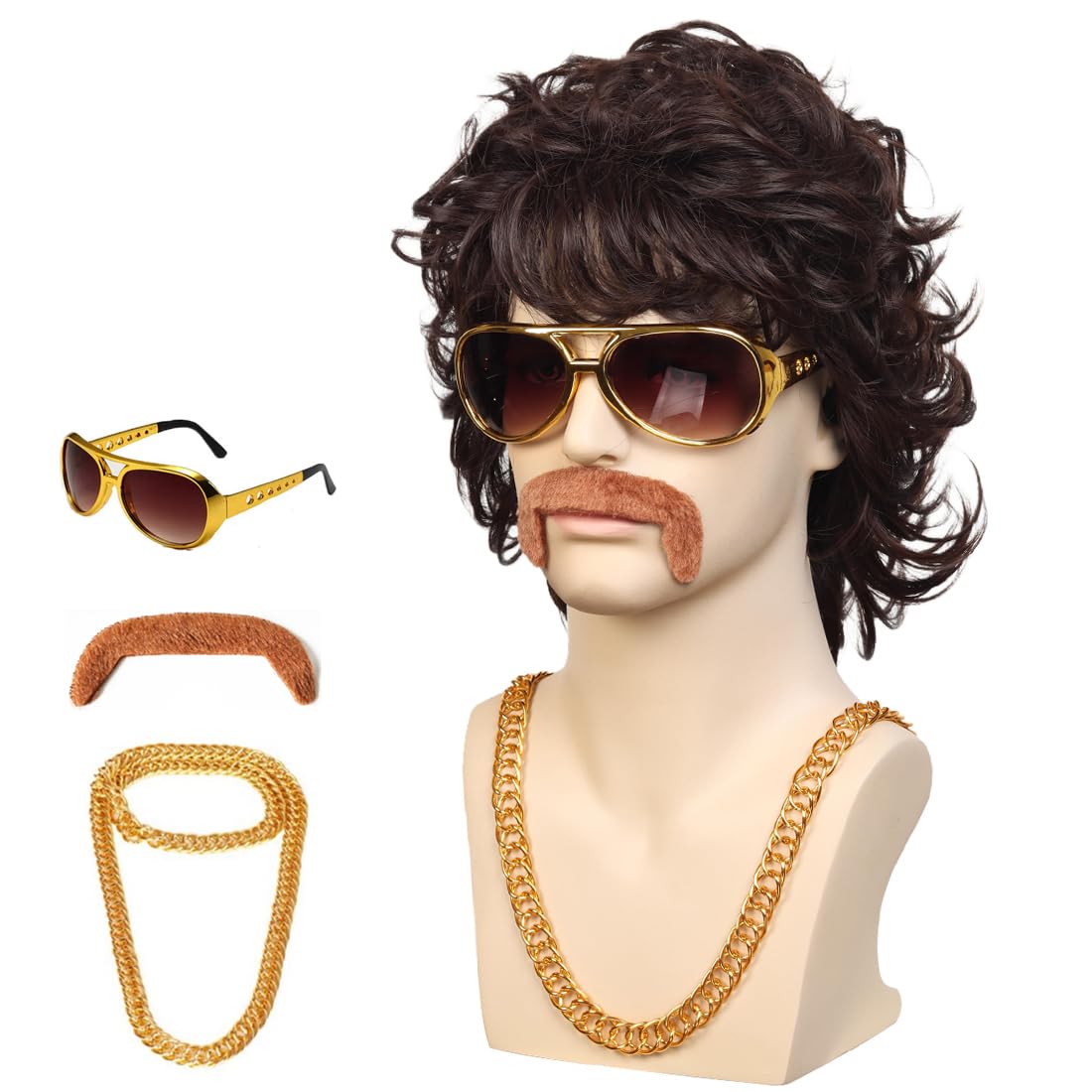 WildCos Short Brown Wavy Shaggy Wig 70s Wigs for Men Disco Wig for Halloween Party wig with Glasses Gold Necklace Mustache for Men