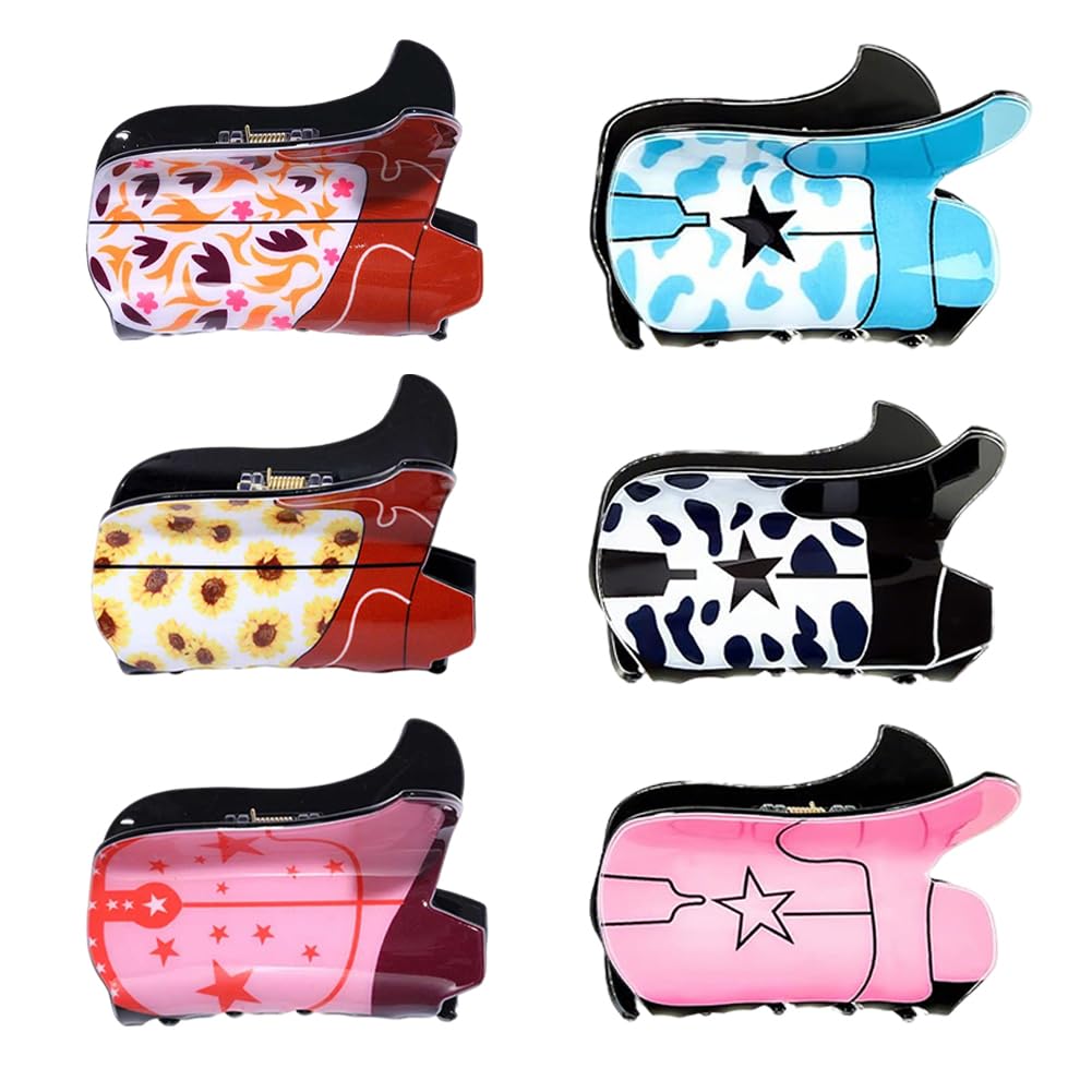 Umibow 6 Pcs Western Cowboy Hair Claw Clips Sunflower Leopard Star Cowgirl Boot Hat Jaw Hair Clip Western Cowgirl Hair Accessories Strong Hold Non-Slip Hair Barrette(Cowgirl Boot)