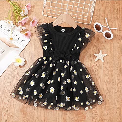 Toddler Baby Girl Tulle Dress Sleeveless Knit Sundress Flower Princess Dress (3T, Black) #TOP1