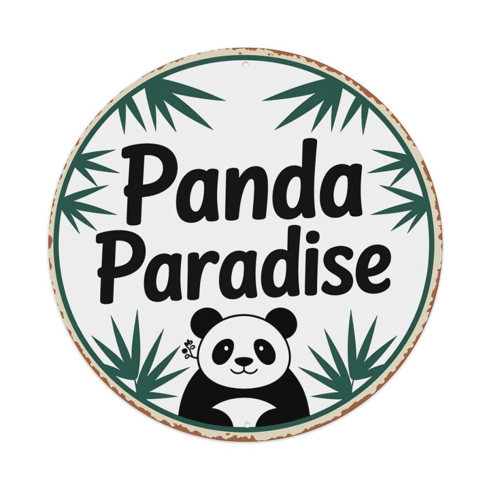 Panda Bamboo Leaves Circle Logo Round Tin Sign Vintage Metal Poster Retro Bar, Home, Man Cave, Kitchen, Laundry Room Wall Art Decor Gift 8x8Inch