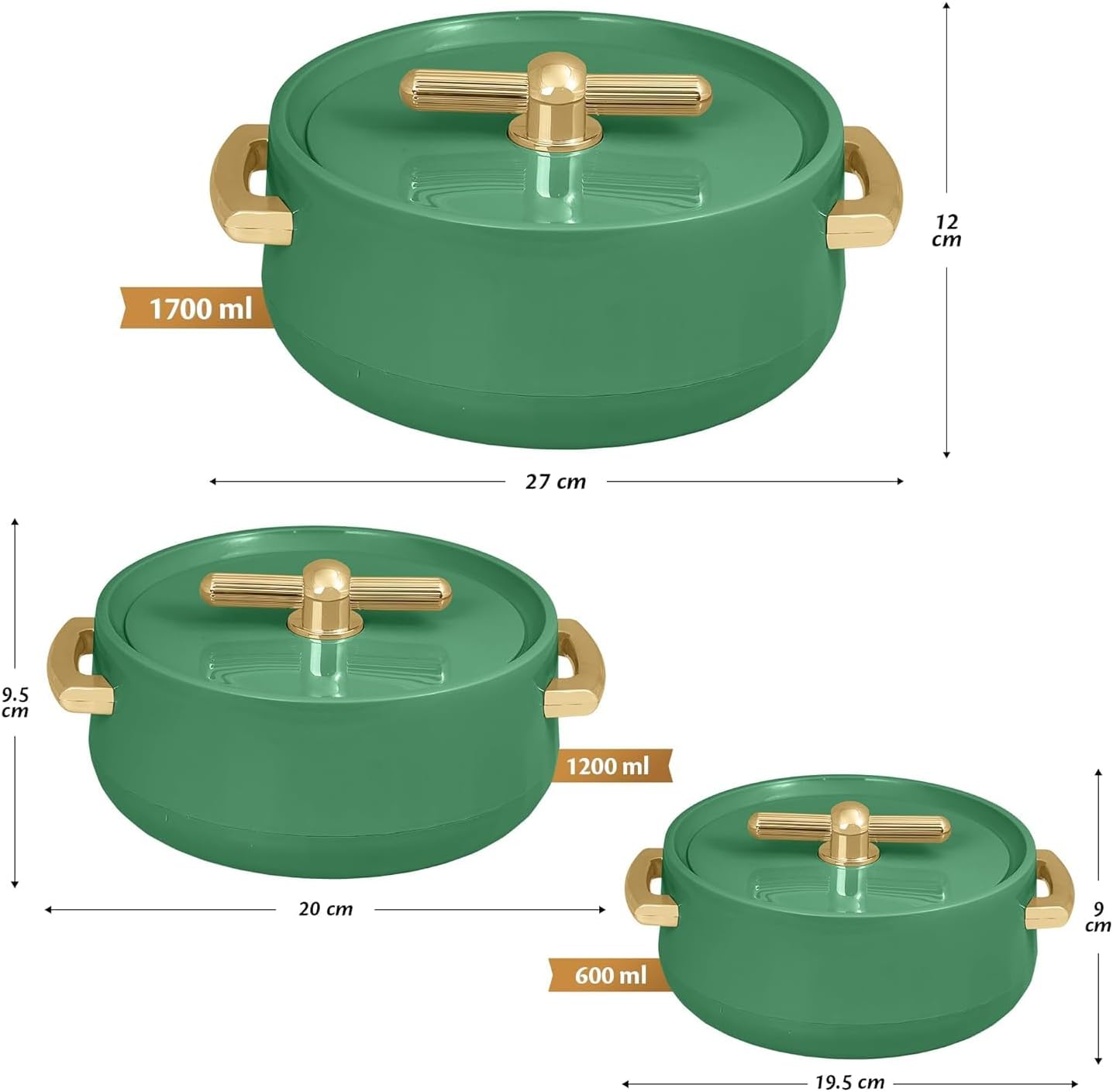 Casserole Inner Steel Casserole | P.U. Insulation | Chapati, Roti, Biryani | Keeps Food hot & Fresh Serve & Store Daily Use Kitchen Item Set of 3 (1700ml, 1200ml, 600ml) (Sea Green)