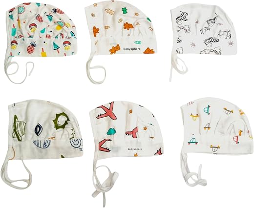 BabySphere Soft Organic Muslin Cap (0-6 Months, Pack of 6, Multiprint)