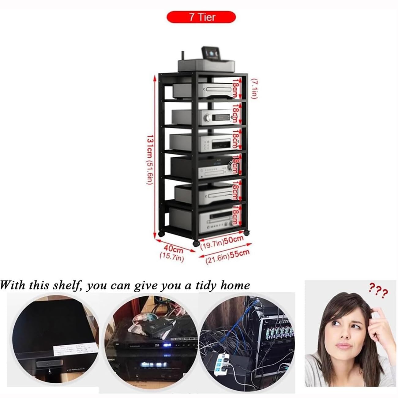 Rack Audio Mobile Con Ruote Universali,Carrello HiFi A 7 Ripiani | Supporto Multimediale AV Rack Altezza Regolabile,torre Porta DVD Multimediale Per Dispositivi Home Cinema(Nero)