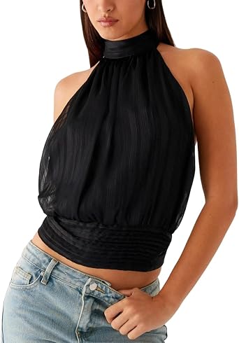 Seyurigaoka Women Pleated Halter Tops Open Back High Neck Tank Top Sleeveless Bubble Hem Shirts Dressy Casual