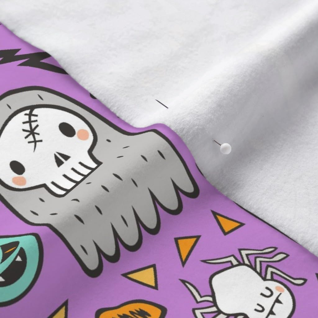 Spoonflower Fabric - Halloween Doodle Skulls Spider Skeleton Bat Ghost Web Purple Printed on Polartec(R) Fleece Fabric by The Yard - Sewing Blankets Loungewear and No-Sew Projects