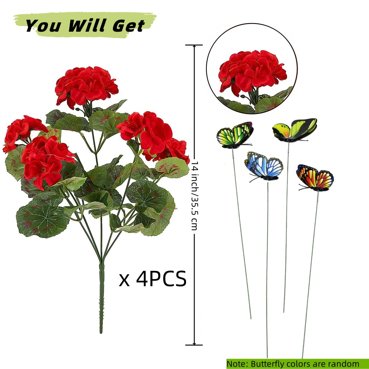 Avoik Fiori artificiali per esterni 4 fasci di gerani Piante finte Fiori Fiori di seta finti Resistenti ai raggi UV Piante interne esterne per giardino portico matrimonio casa (rosso)