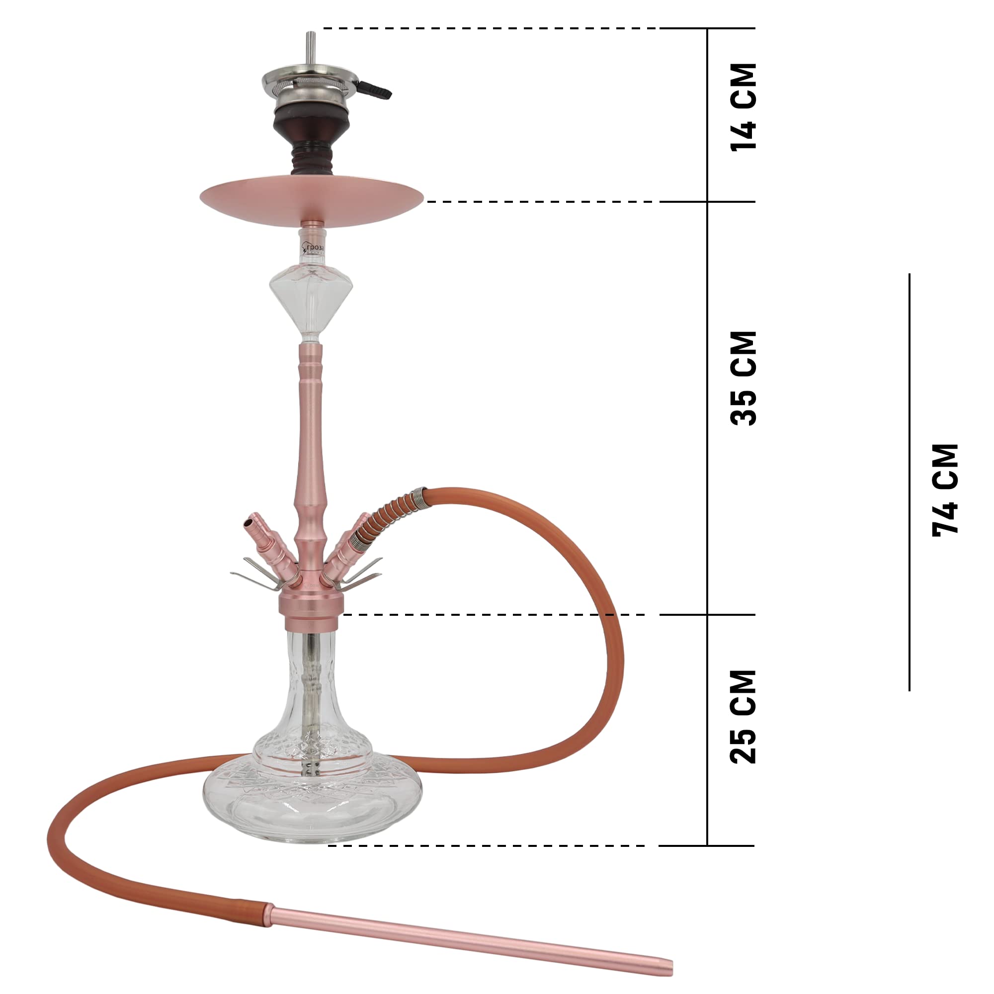 DIAMOND HOOKAH Premium Mittel Aluminium RPO3A Shisha Set, Wasserpfeife Shisha Edel Komplettset mit 4 Anschlüsse. 18/8 Schliff, Klickanschluss und Diamanten Molassefänger (Rose Gold)
