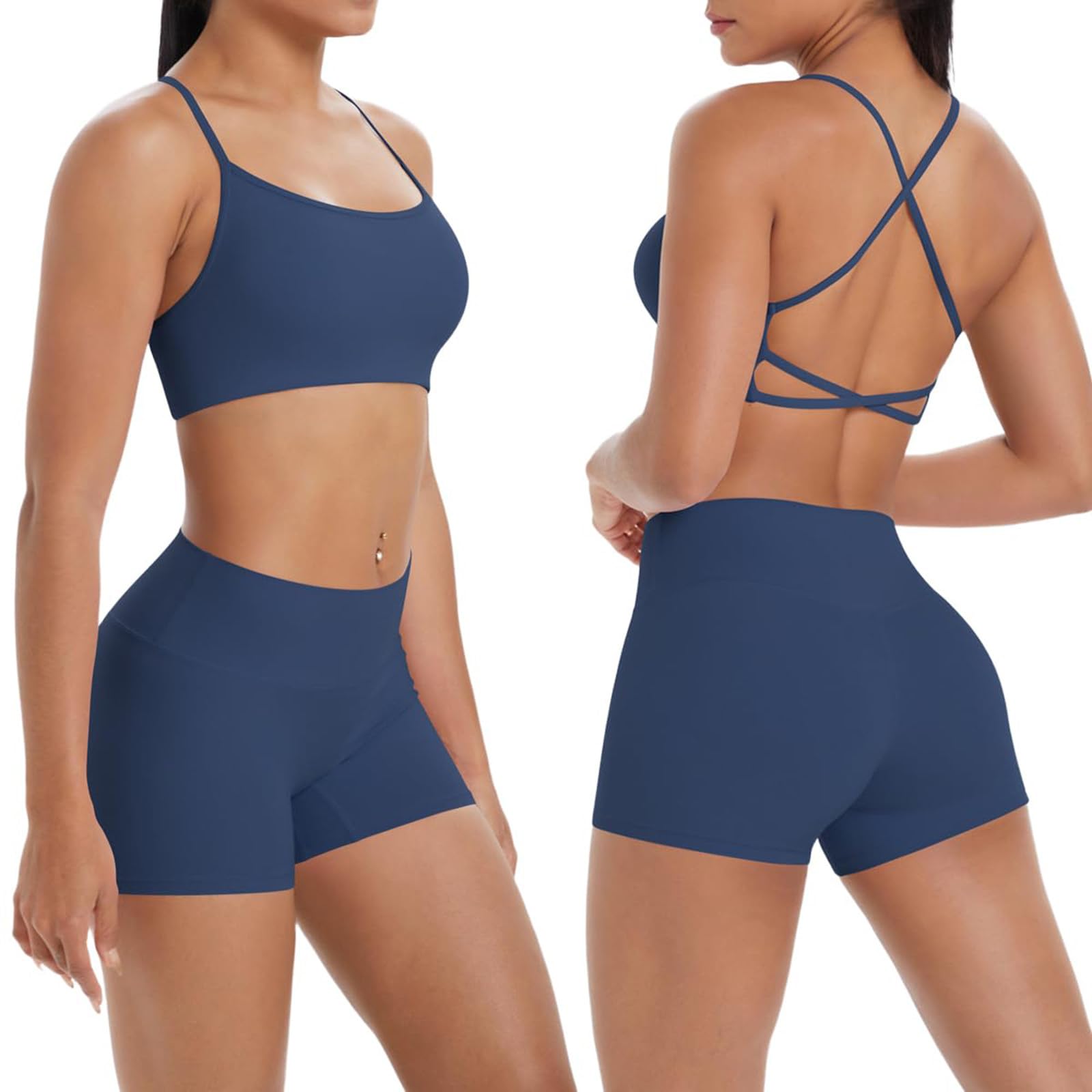 Womens Workout Sets 2 Piece Yoga Outfit Cami Crop Top High Waisted Biker Shorts Slim Fit Sport Gym