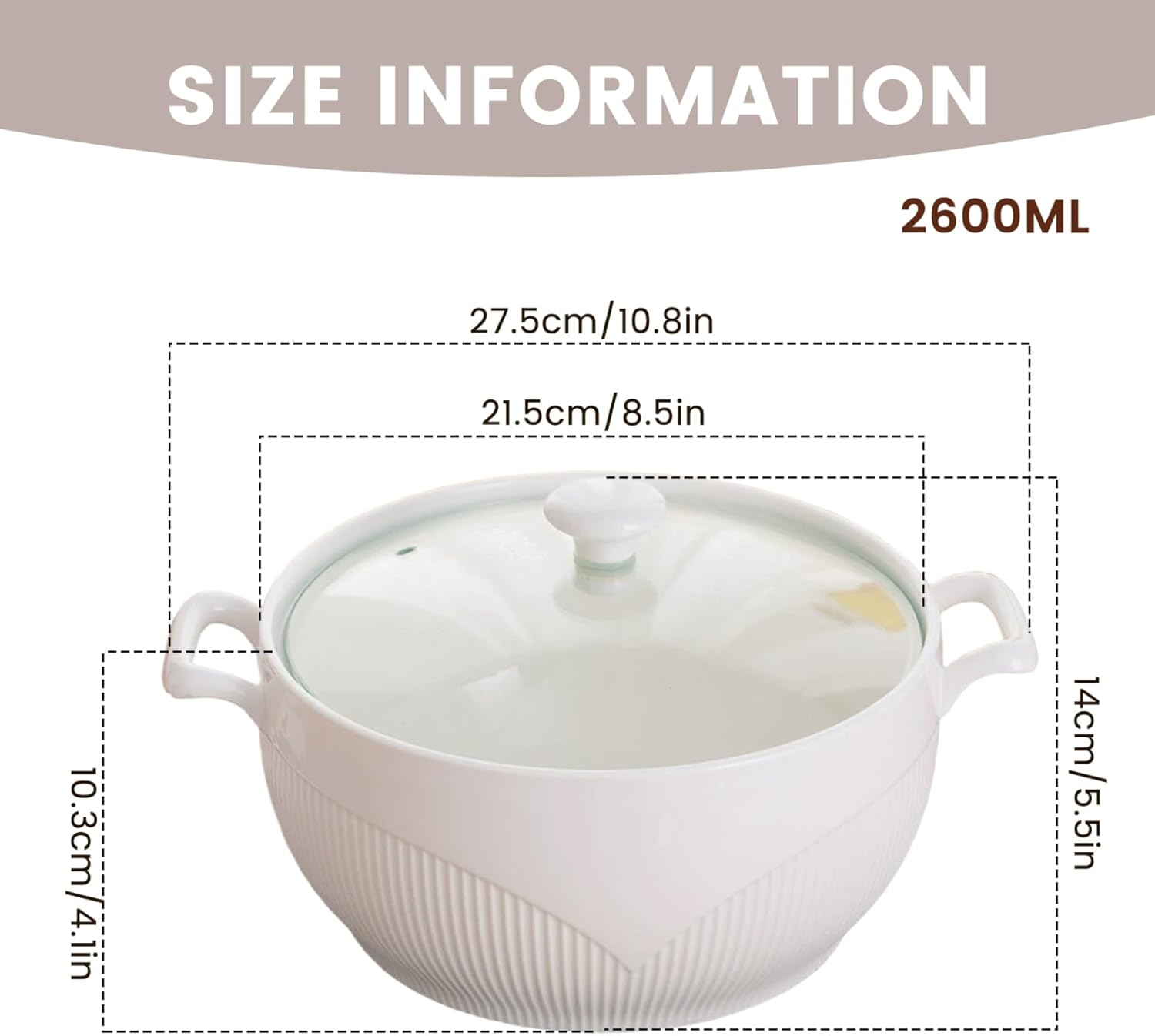 Soup Tureen 2600ml Round Ceramic Serving Bowls with Lids Heat-Resistant Soup Bowls with Handles Microwave Safe for Restaurant Home Kitchen