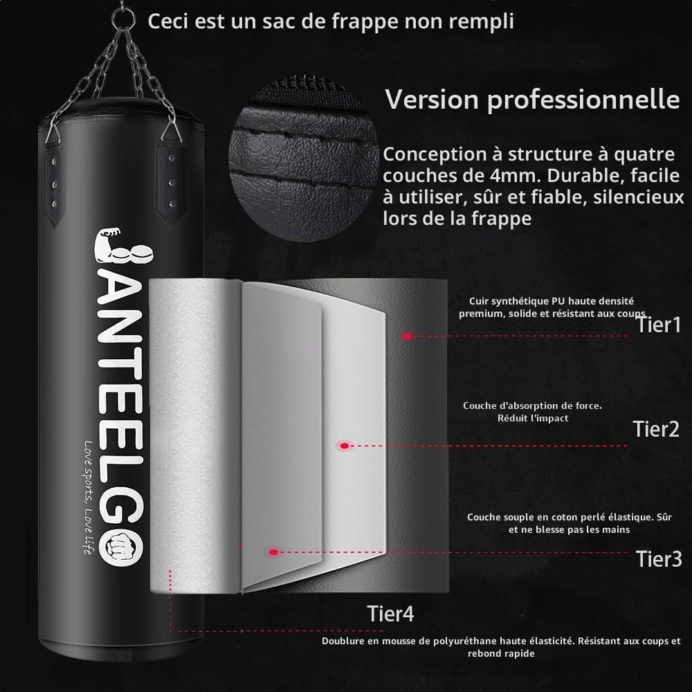 Sac de Frappe Suspendu et Sac de Frappe Adulte Non Remplir JanTeelGO 100 cm PU Matériel avec Chaîne de Montage et Crochet de Plafond Hommes Femmes Adolescents Enfant MMA Kickboxing Muay Thai Karaté