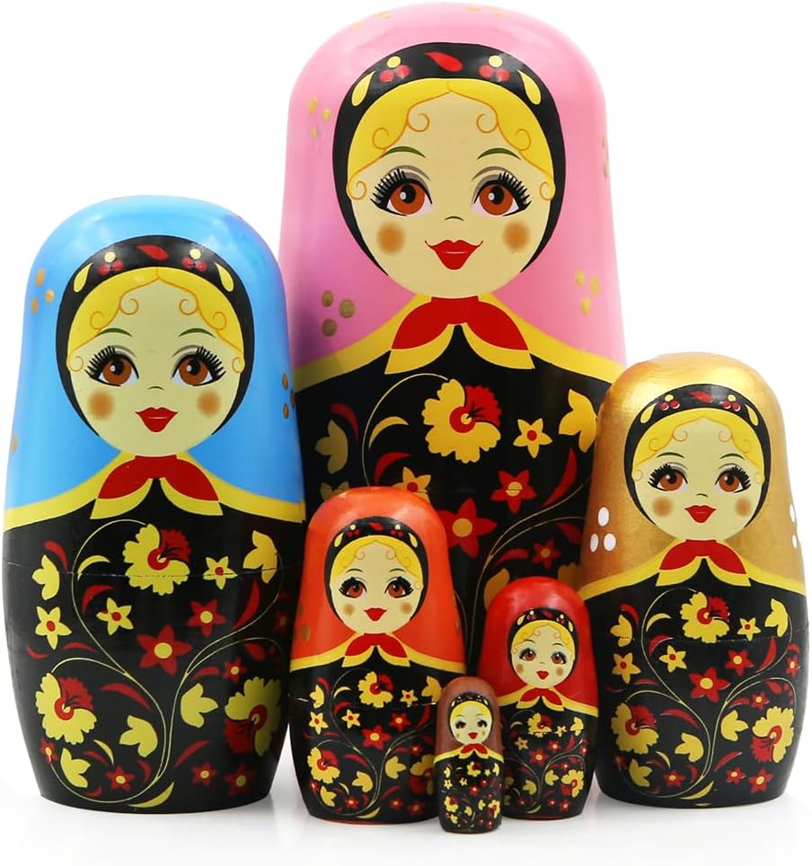 Retro Russian Nesting Dolls 6 Pcs Girl with Multicolor Bandana Wooden Nesting Doll Flower Girl Handmade Matryoshka Dolls for Kids Stacking Toy Birthday Christmas Graduation Girl Women Decoration Gift