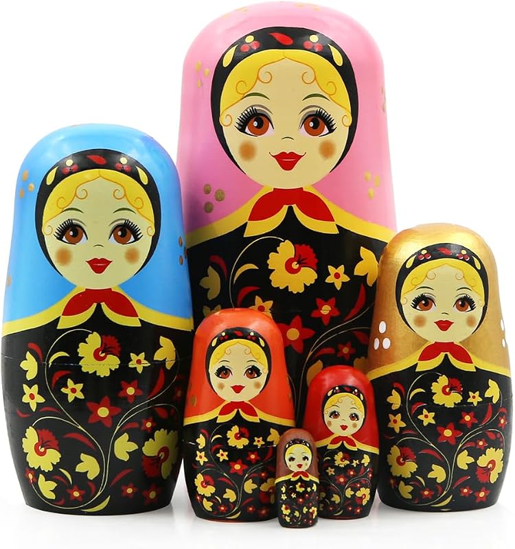 Retro Russian Nesting Dolls 6 Pcs Girl with Multicolor Bandana Wooden Nesting Doll Flower Girl Handmade Matryoshka Dolls for Kids Stacking Toy Birthday Christmas Graduation Girl Women Decoration Gift
