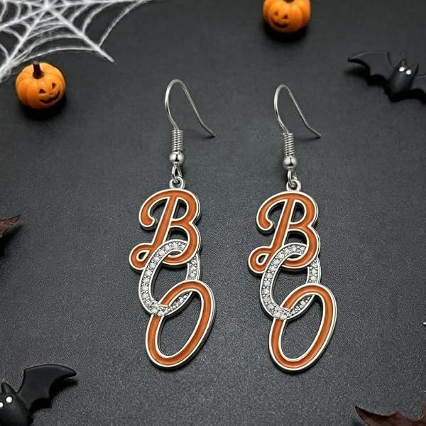 Zesyboom Halloween BOO Dangle Earrings for Women,Orange Enamel Crystal Rhinestone Letter Drop Earrings Silver Fish Hook Alloy Holiday Jewelry for Halloween Party Costume Accessories Gift for Her by Zesyboom - Used condition - Image 4