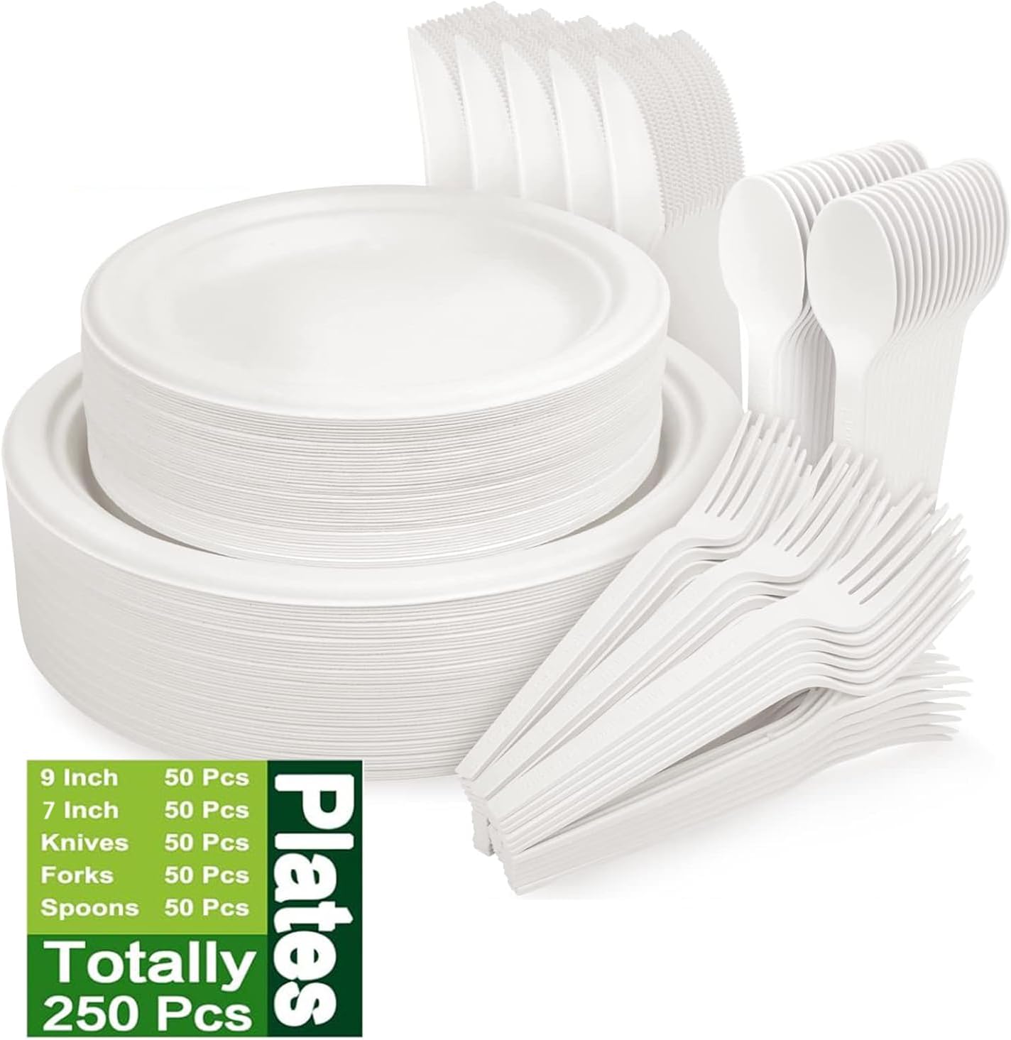 250Pcs Disposable Paper Plates Set-Heavy-Duty Sugarcane Fiber Dinnerware with 7” & 9"Plates for Parties, Camping & Events