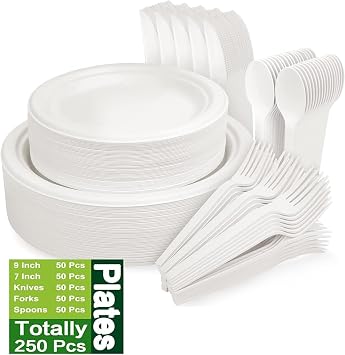 250Pcs Disposable Paper Plates Set | Heavy-Duty Sugarcane Fiber Dinnerware with 7 & 9"Plates for Parties, Camping & Events