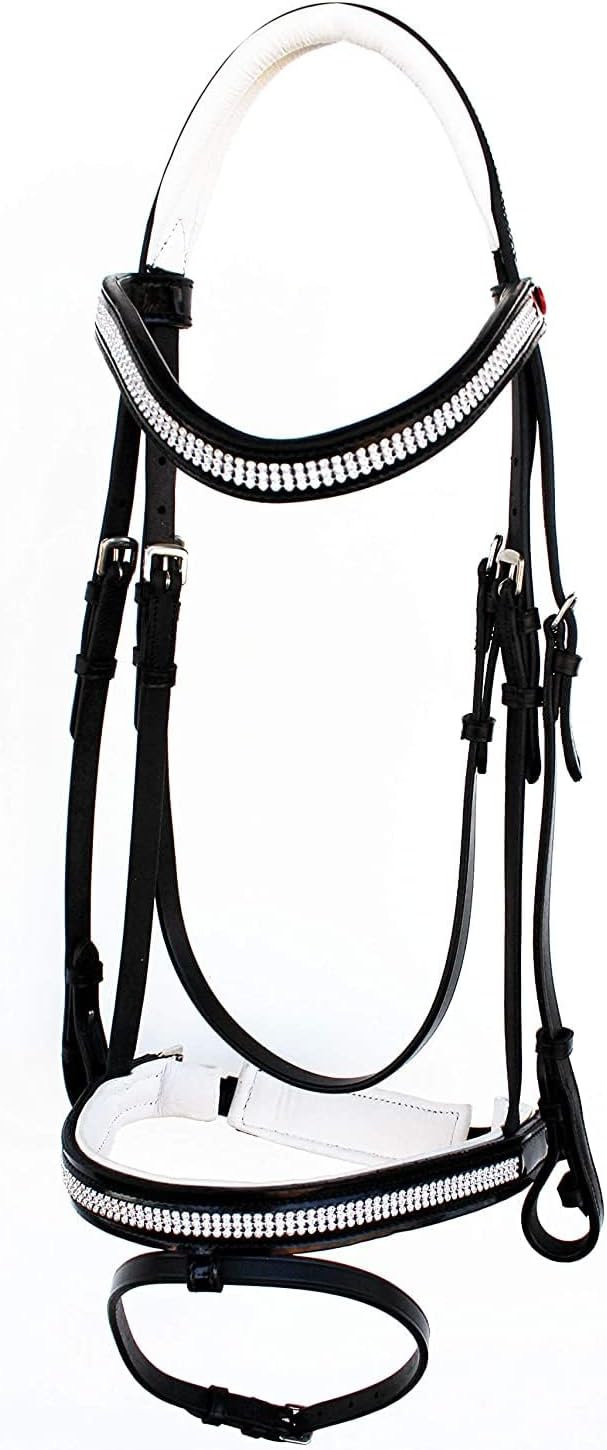 Leather English Bridle Cowhide Genuine Headstall Reins Horse Crossover Crossunder Raised Fancy Stitched Laced All Purpose Jumping Dressage Rubber Crystal Adjustable Browband Size:Full-Cob, M31
