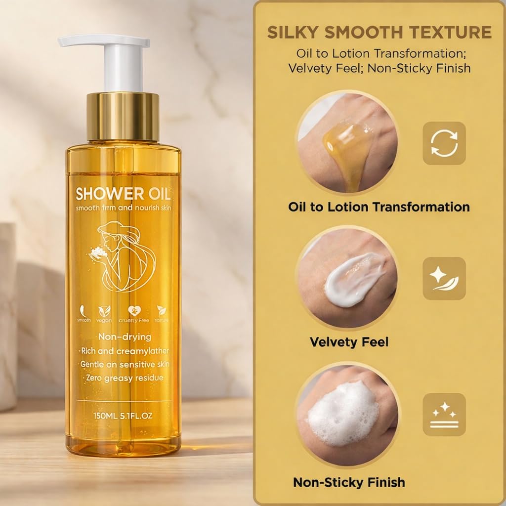 Shower Oil, Body Oil after Shower for Dry, Sensitive Skin, Helps to Smooth & Keep Skin Moisturized with Cold-Pressed Sweet Almond, vitamin E and Lavender Oil, 150ML 5.1FL OZ