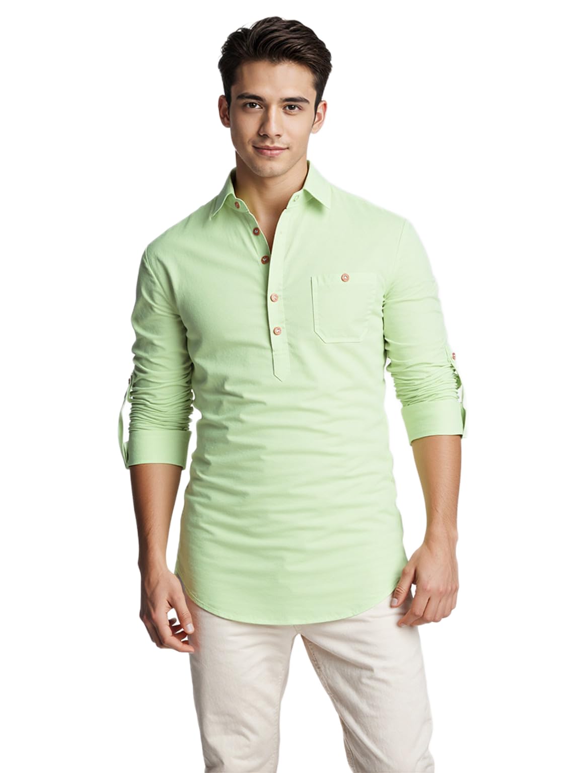 Men's Slim Fit Full Sleeve Cotton Beige Color Short Kurta (LN24)-image-39