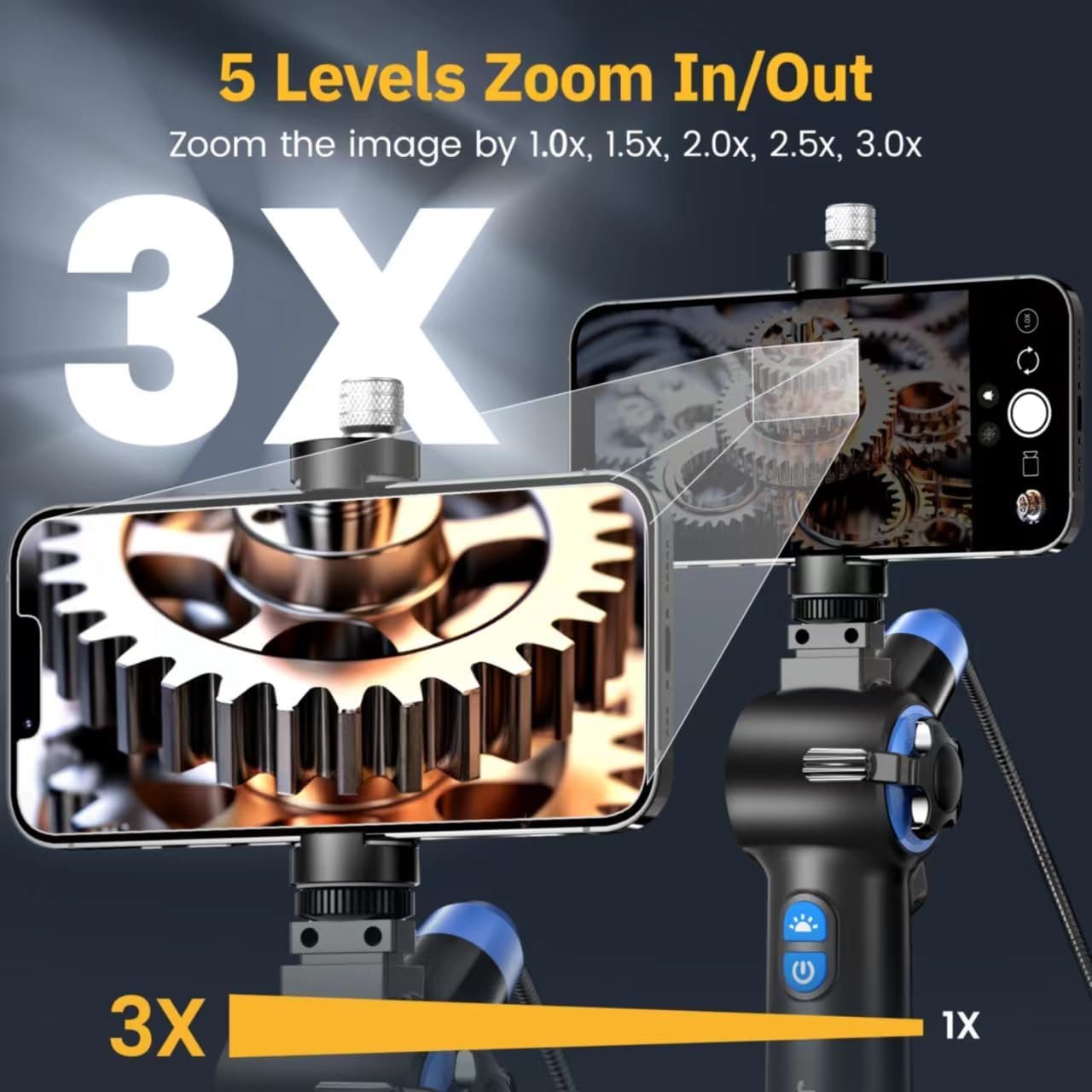 Articulating Borescope 2-Way 210°- JESERAL 8.5mm Lens Endoscope camera with 6 light, HD1080P Inspection Camera with Steering Probe, Compatible with Android&iOS Phone, scope with 3.3FT Semi-Rigid Cable