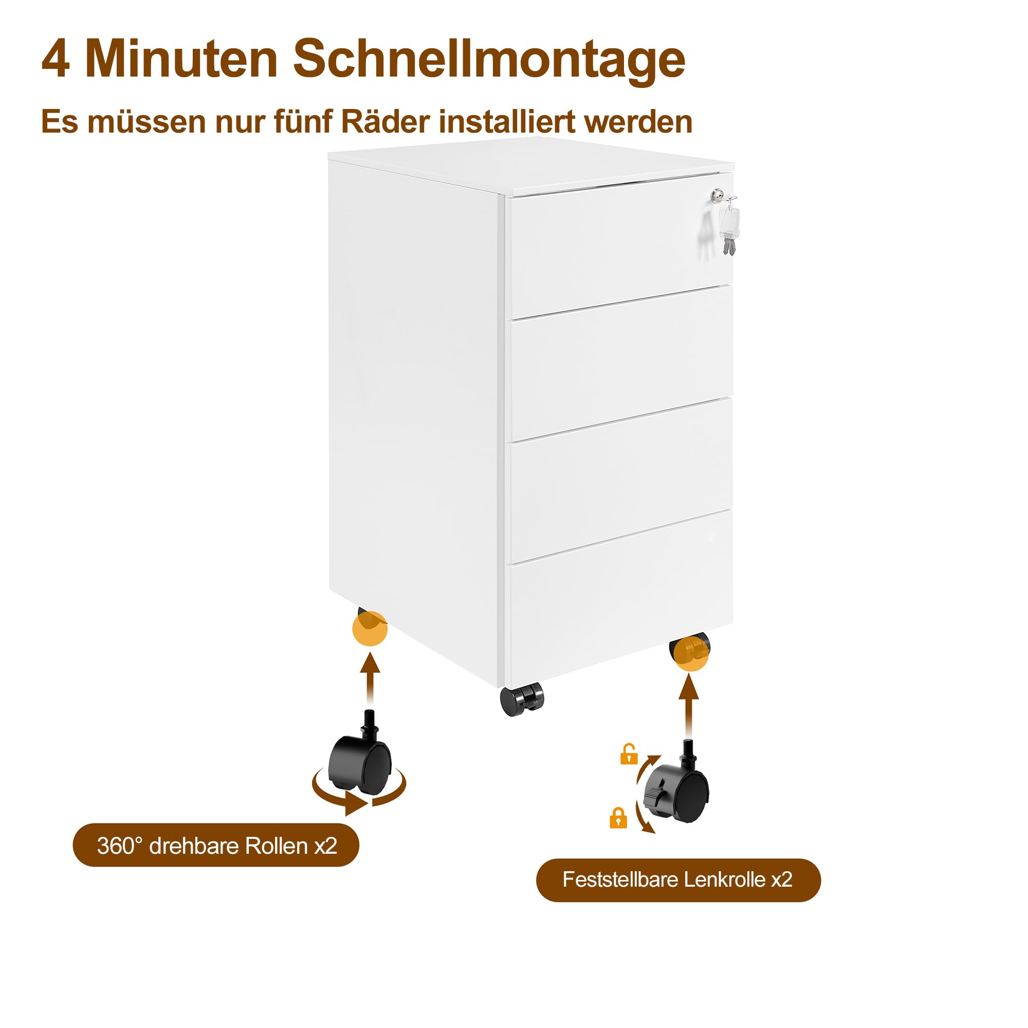 Rollcontainer, Mobiler Aktenschrank mit Schloss, 4 Schlüssel, 4 Schubladen, Metallschrank, Bereits Vormontiert, für Büro, Heimbüro, Weiß
