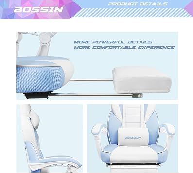 BOSSIN Gaming Chair with Massage, Ergonomic Heavy Duty Design with Footrest and Lumbar Support, Large Size Cushion High Back Office Chair, Big and Tall Gaming Computer Chair for Kids(White and Blue)