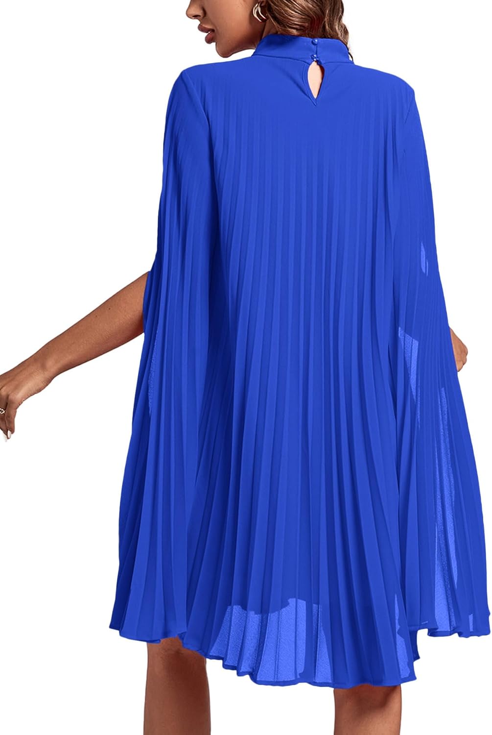 Rooscier Women's Mock Neck Cloak Sleeve Pleated Keyhole Back Flowy Party Midi Dress - Image 3