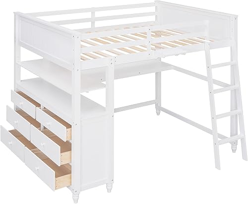 Miniatura 4 de Cama alta de madera de tamaño matrimonial con cajones de almacenamiento y escritorio cama matrimonial multifuncional con estantes y escalera