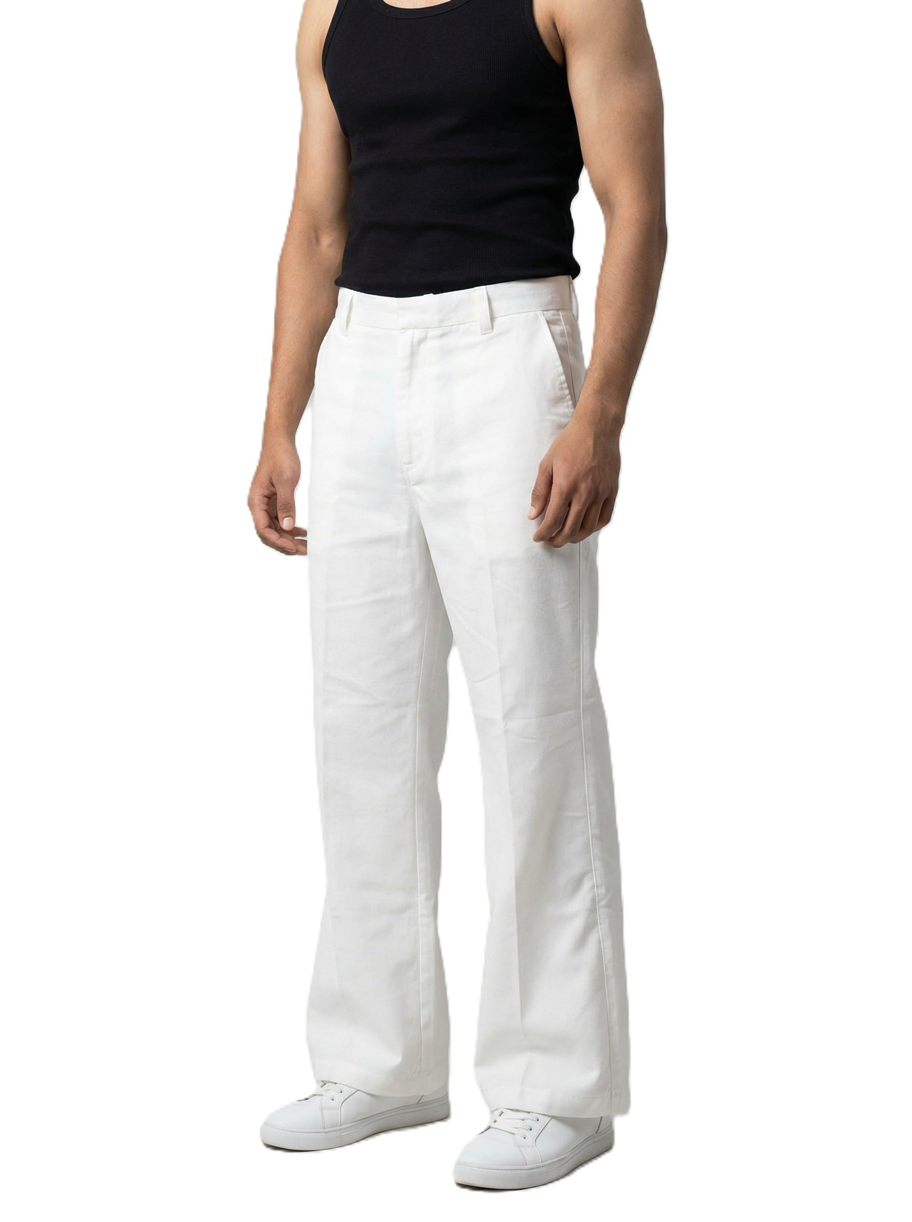 Men’s Off-White Cotton Lycra Bell Bottom Pants, Bootcut Flared Fit-picture-27