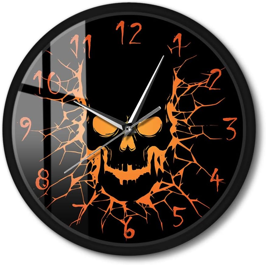 Skull with Crack Hole Horror Metal Frame Wall Clock, Silent Non Ticking Gothic Birth of a Demon Black Aluminum Frame Clock for Halloween Office School Kitchen Bedroom Restaurant Home Decor