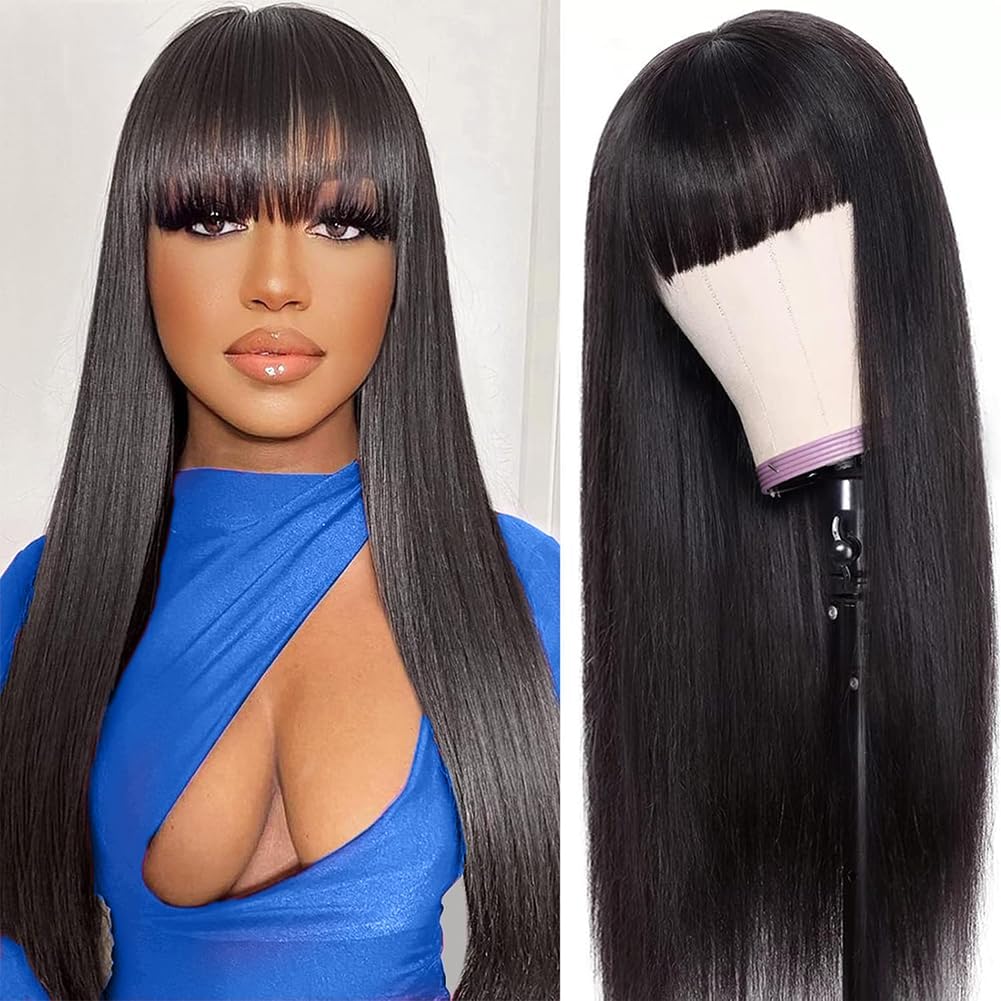 Human Hair Wig for Black Women 16 inch Straight Long Wigs with Bangs None Lace Front Wigs 150% Density Brazilian Virgin Hair Glueless Machine Made Black Wig Natural Color