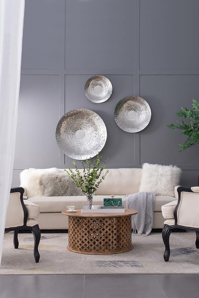 GOWE Silver Textured Oversized Disc, Wall Decor for Living Room Bedrrom Entryway Office, Set of 3