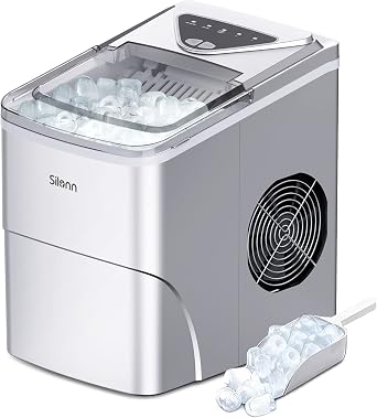 Silonn Ice Makers Countertop, 9 Cubes Ready in 6 Mins, 26lbs in 24Hrs, Self-Cleaning Ice Machine with Ice Scoop and Basket, 2 Sizes of Bullet Ice for Home Kitchen Office Bar Party, Sliver
