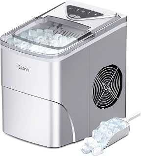 Silonn Ice Makers Countertop, 9 Cubes Ready in 6 Mins, 26lbs in 24Hrs, Self-Cleaning Ice Machine with Ice Scoop and Basket, 2 Sizes of Bullet Ice for Home Kitchen Office Bar Party, Sliver