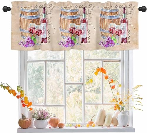 Farmhouse Wooden Barrel Red Wine Glass Valances Curtain for Kitchen Cafe, Watercolor Grape Window Valance Short Curtains 42"x 12" Rod Pocket Windows