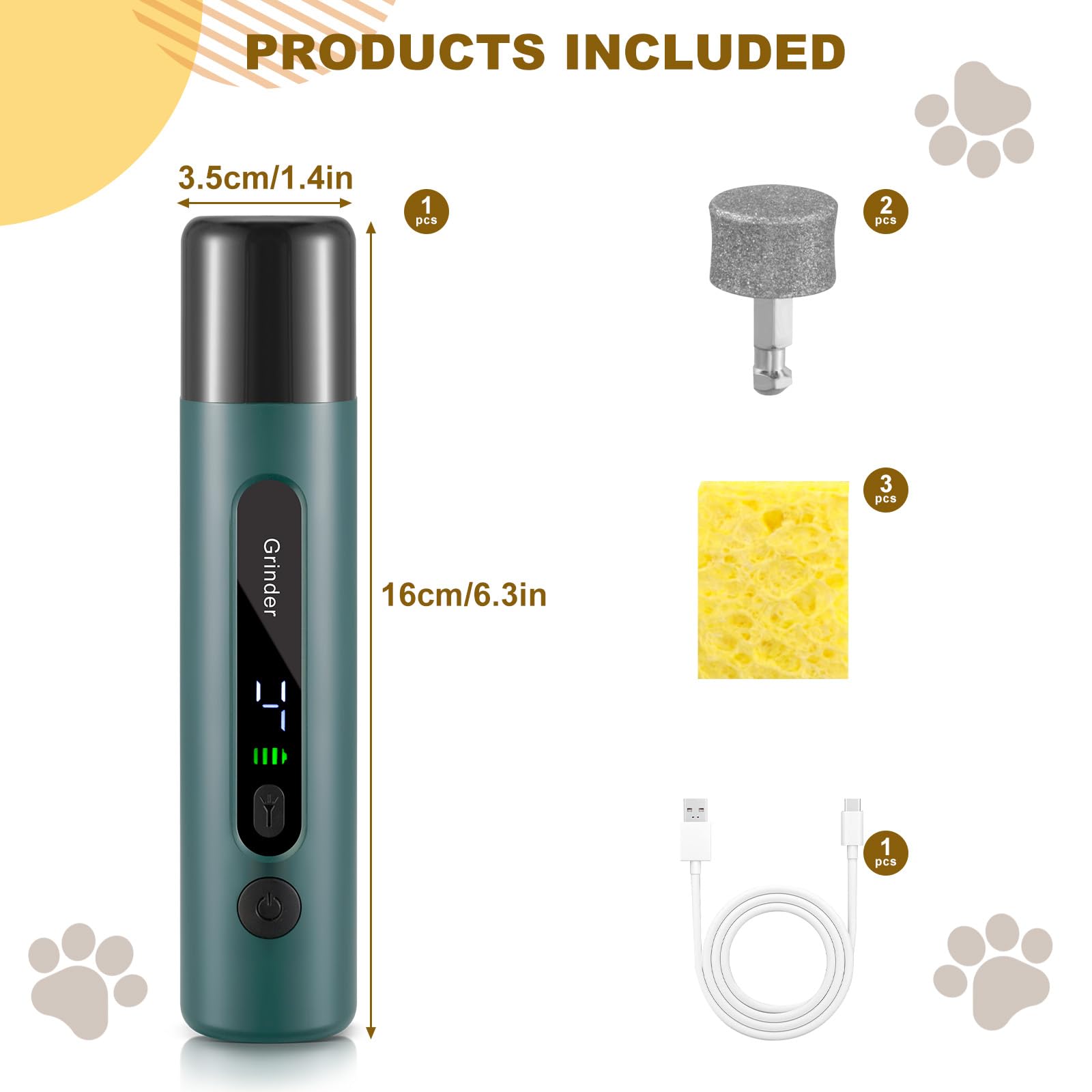 VINATO Cortaúñas Eléctrico para Perros y Gatos, Lima Úñas con Luz LED, 5 Velocidades, 3 Cabezales de Diamante y 3 Puertos, Recargable e Inalámbrico para Todas Las Razas