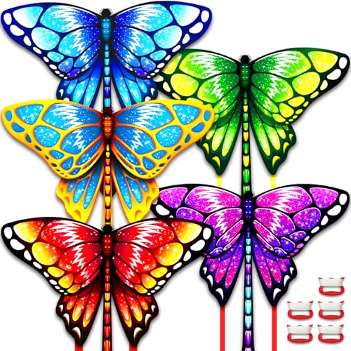 Hymaz 5 Pack Butterfly Kites for Kids Age 4-8 8-12, Beach Kites with 328ft Kite String & Handles, Easy to Fly Kite with Long Tail, Flying Toys for Boys Girls Adults Family Outdoor Party Favor Games