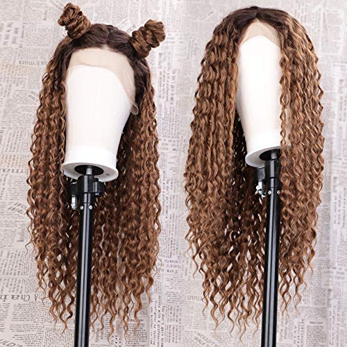 AISI QUEENS Kinky Curly Wig Synthetic Lace Front Wigs Ombre Brown Long Loose Curly Wig Heat Resistant Natural Looking Wigs for Black Women (26 inches, 30/27)
