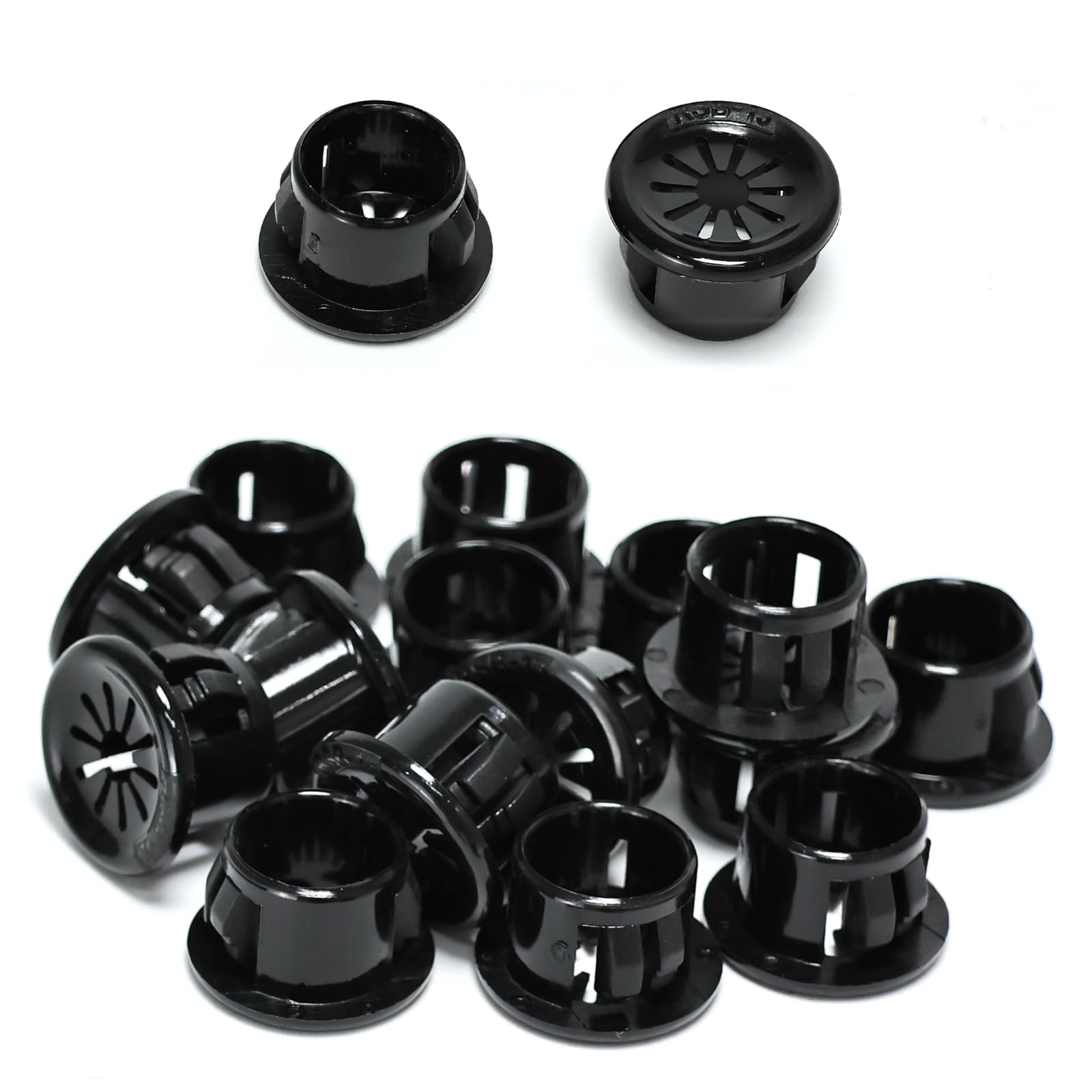 Photo 1 of BOPOREAE 50 Pcs Cable Grommet, Snap Bushing 1/2" (13 mm) Mounting Diameter, Flexible Petal-Shaped Buckle Round Nylon Desk Grommet for Wires Through Countertop Cord Organizer and Protection, Black